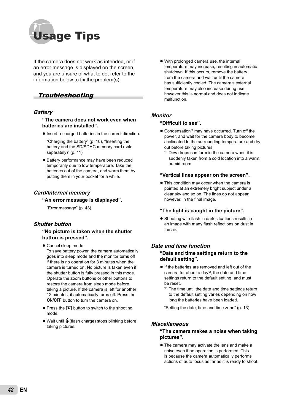 Usage tips, 42 en, Troubleshooting | Olympus FE-5035 User Manual | Page 42 / 60