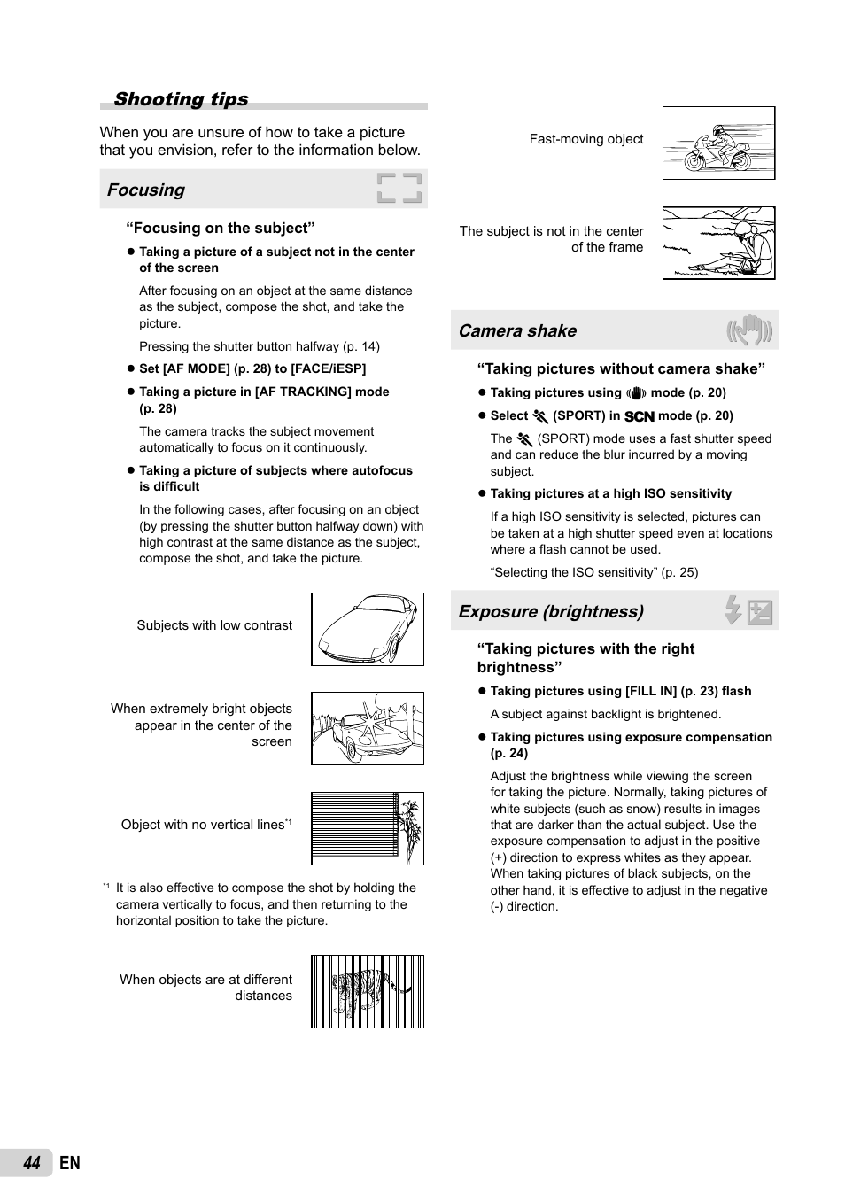 44 en shooting tips, Focusing, Camera shake | Exposure (brightness) | Olympus FE-5035 User Manual | Page 44 / 60