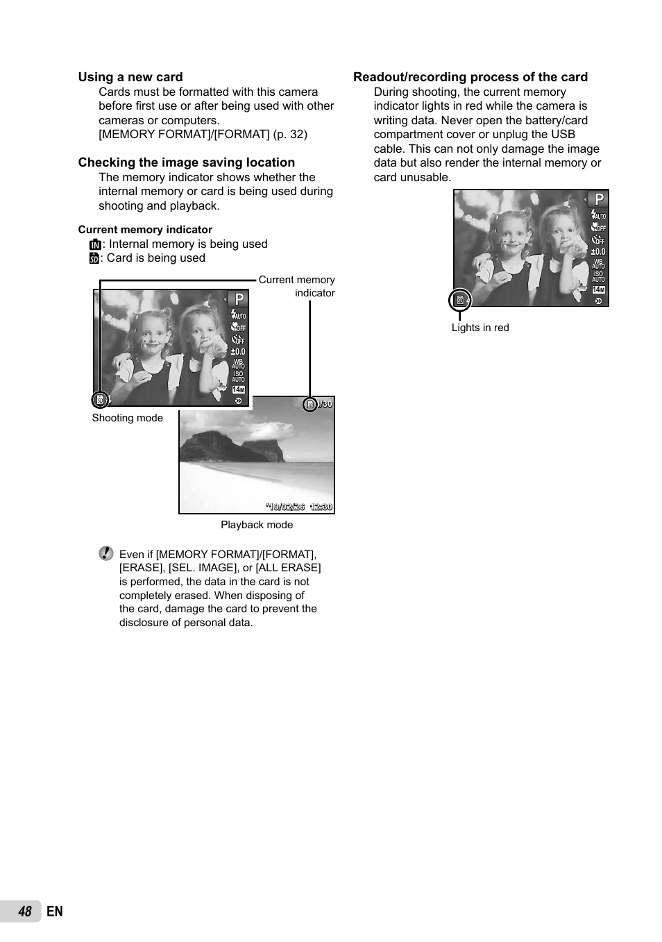 48 en, Using a new card, Checking the image saving location | Readout/recording process of the card | Olympus FE-5035 User Manual | Page 48 / 60