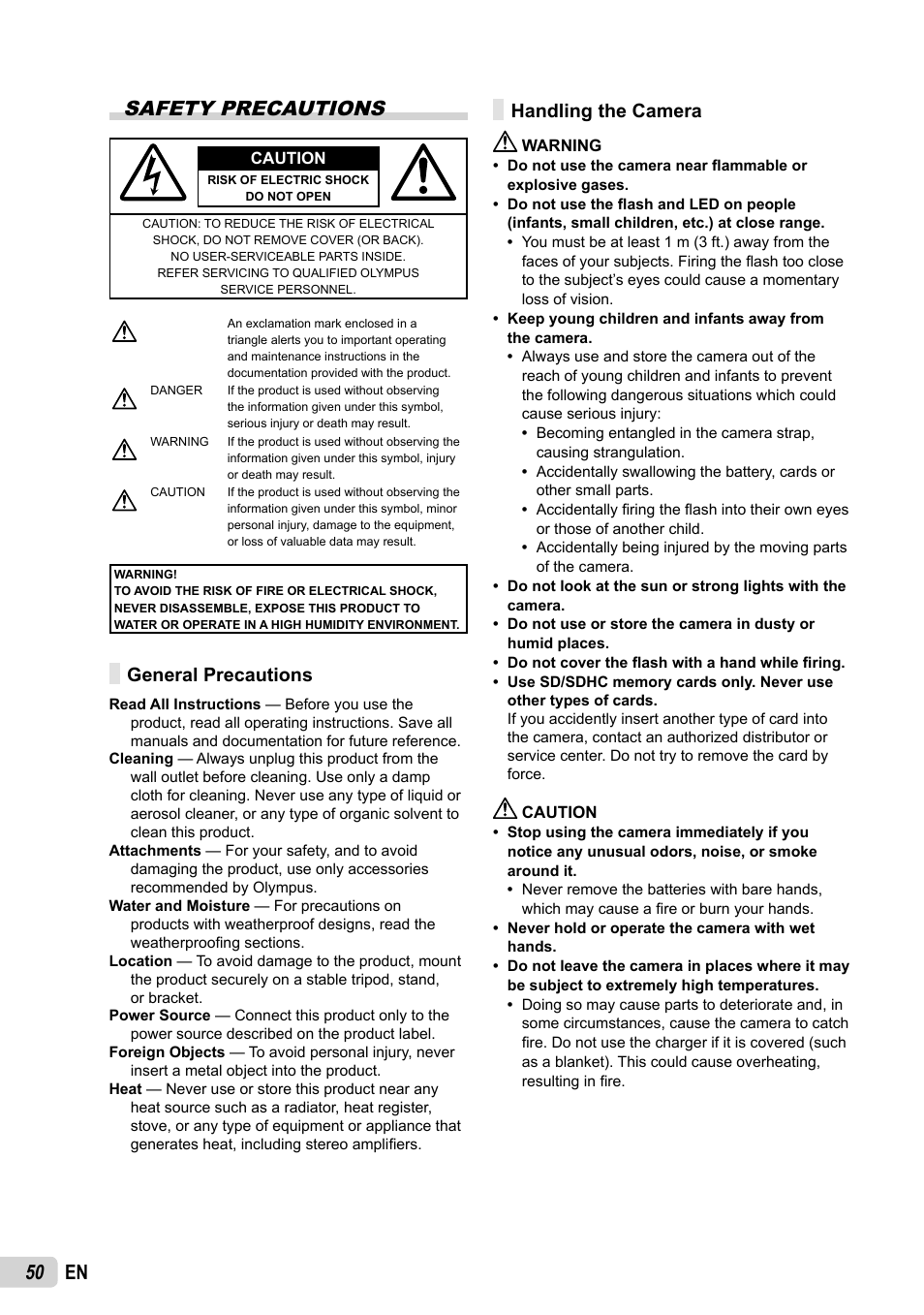 50 en safety precautions, General precautions, Handling the camera | Olympus FE-5035 User Manual | Page 50 / 60