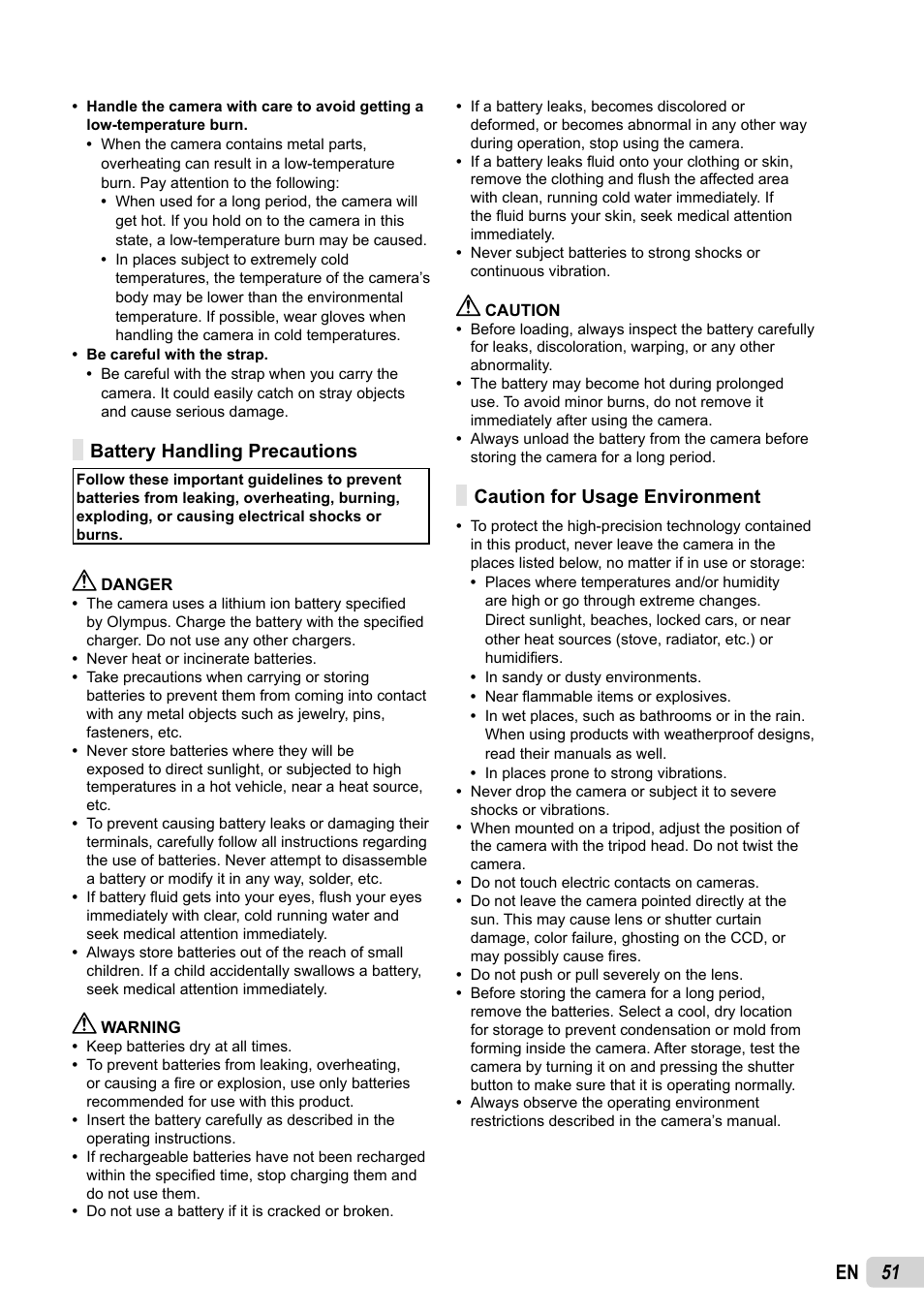 51 en, Battery handling precautions, Caution for usage environment | Olympus FE-5035 User Manual | Page 51 / 60