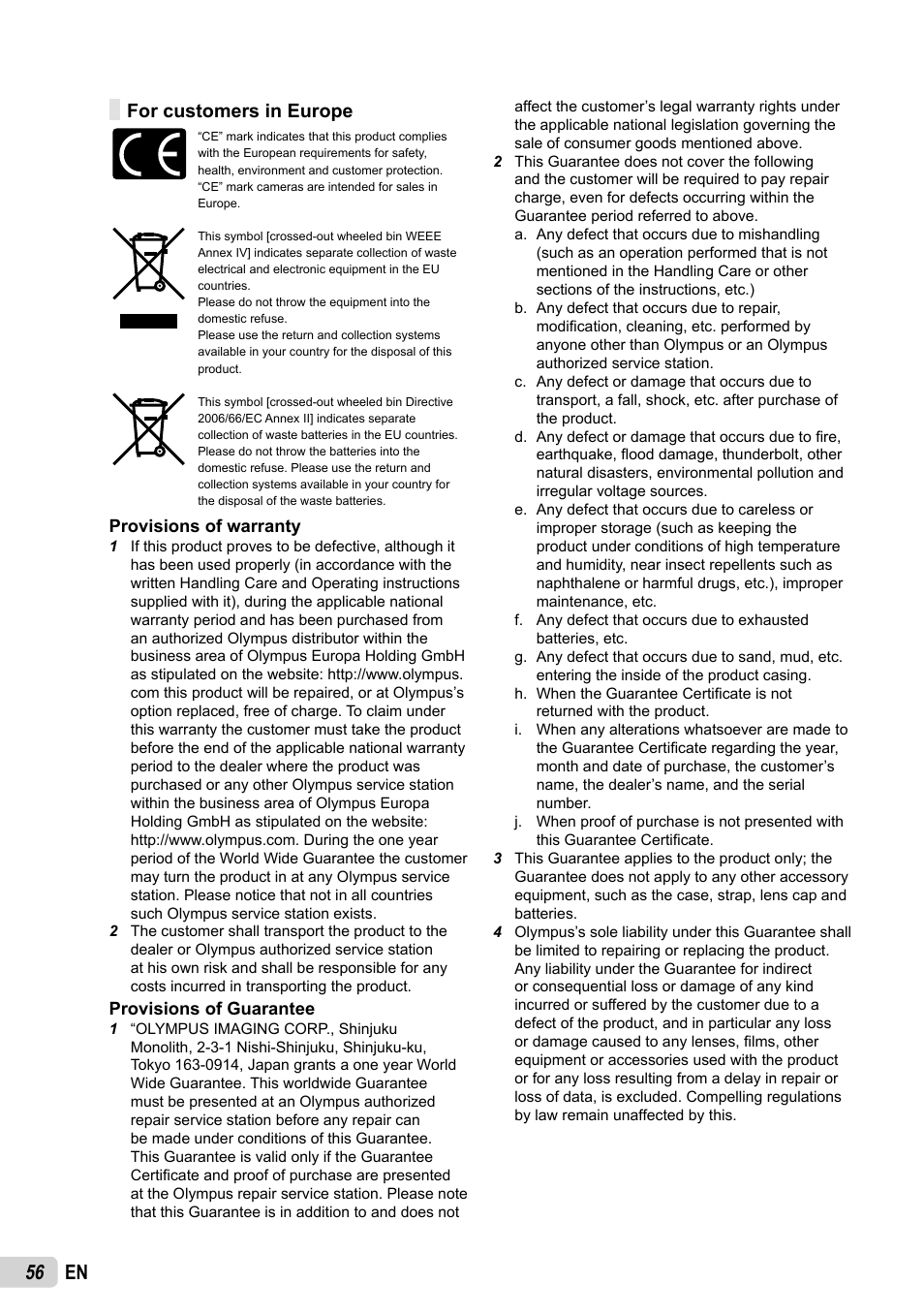 56 en, For customers in europe | Olympus FE-5035 User Manual | Page 56 / 60
