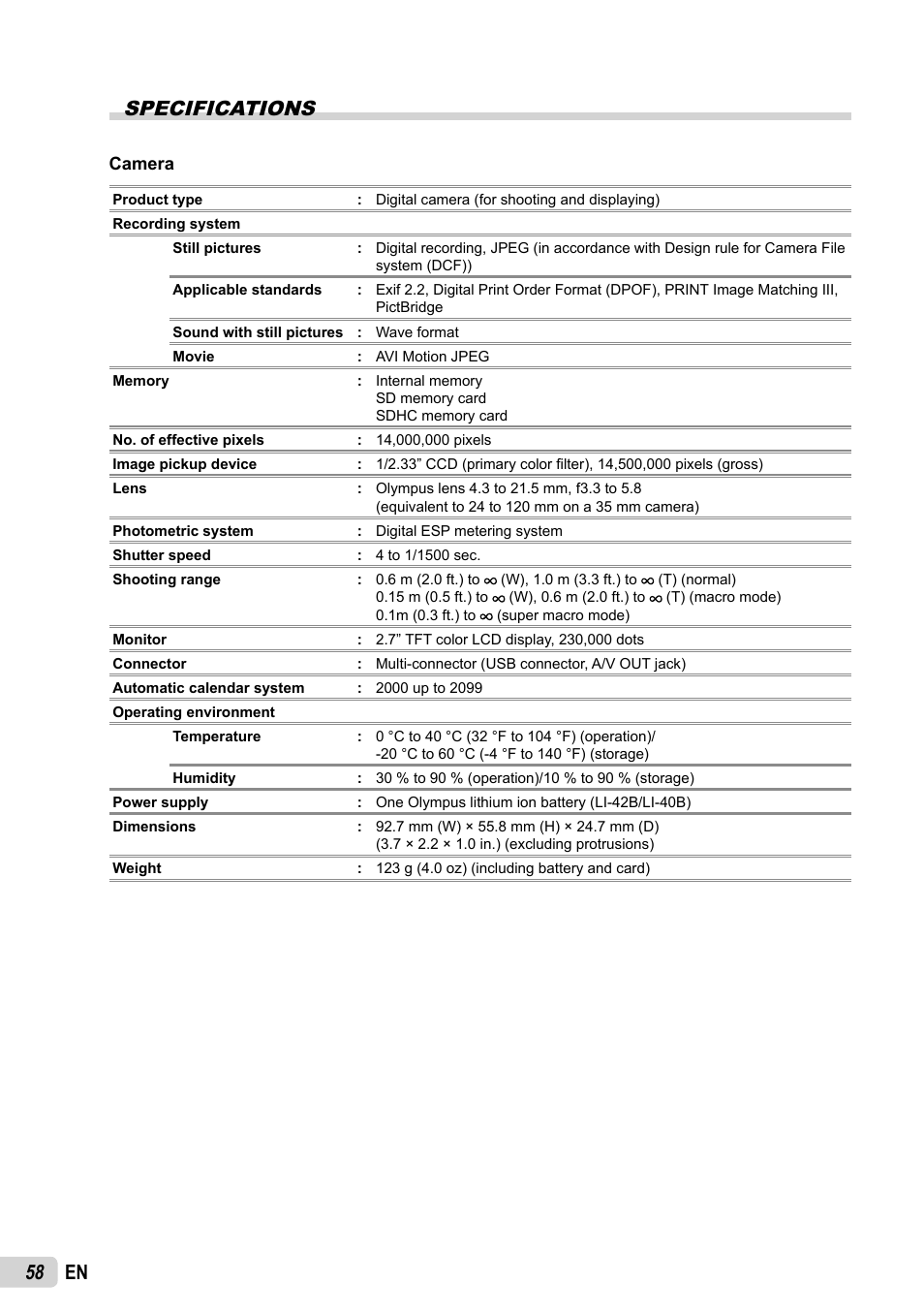 58 en specifications | Olympus FE-5035 User Manual | Page 58 / 60