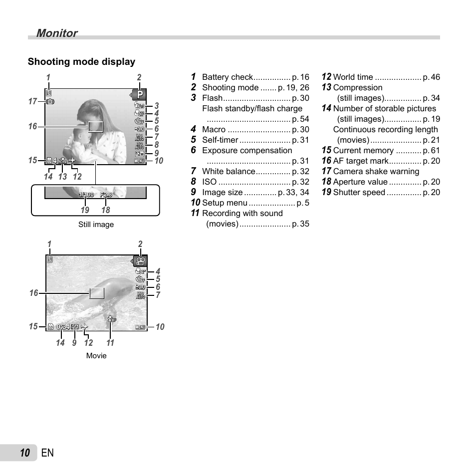 Monitor, 10 en, Shooting mode display | Olympus FE-5040 User Manual | Page 10 / 76