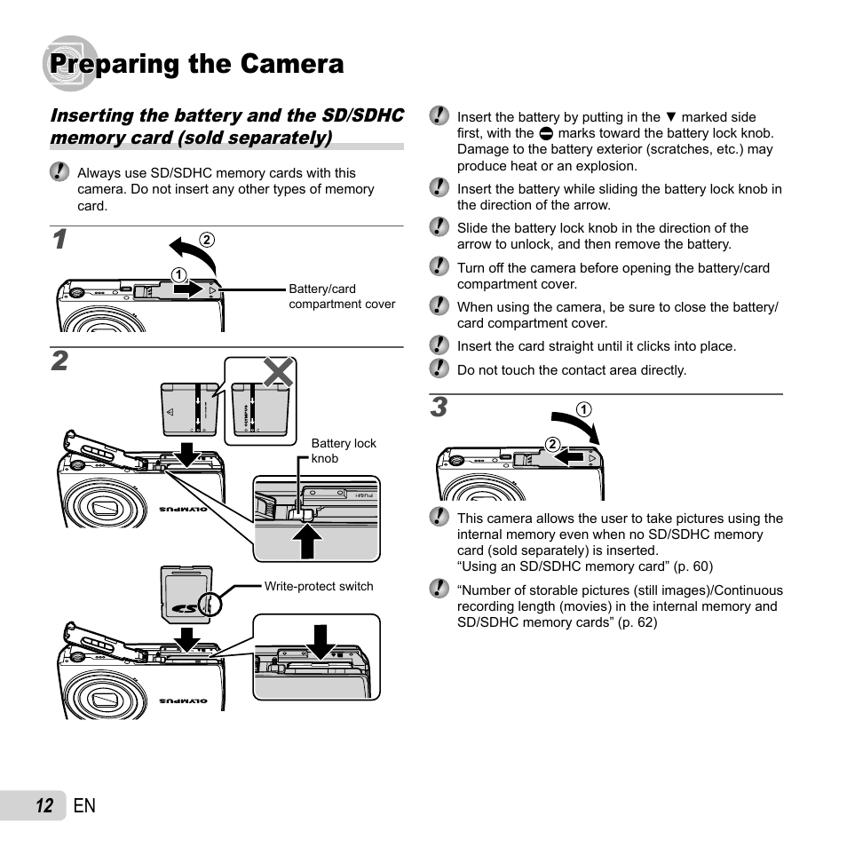 Preparing the camera, 12 en | Olympus FE-5040 User Manual | Page 12 / 76