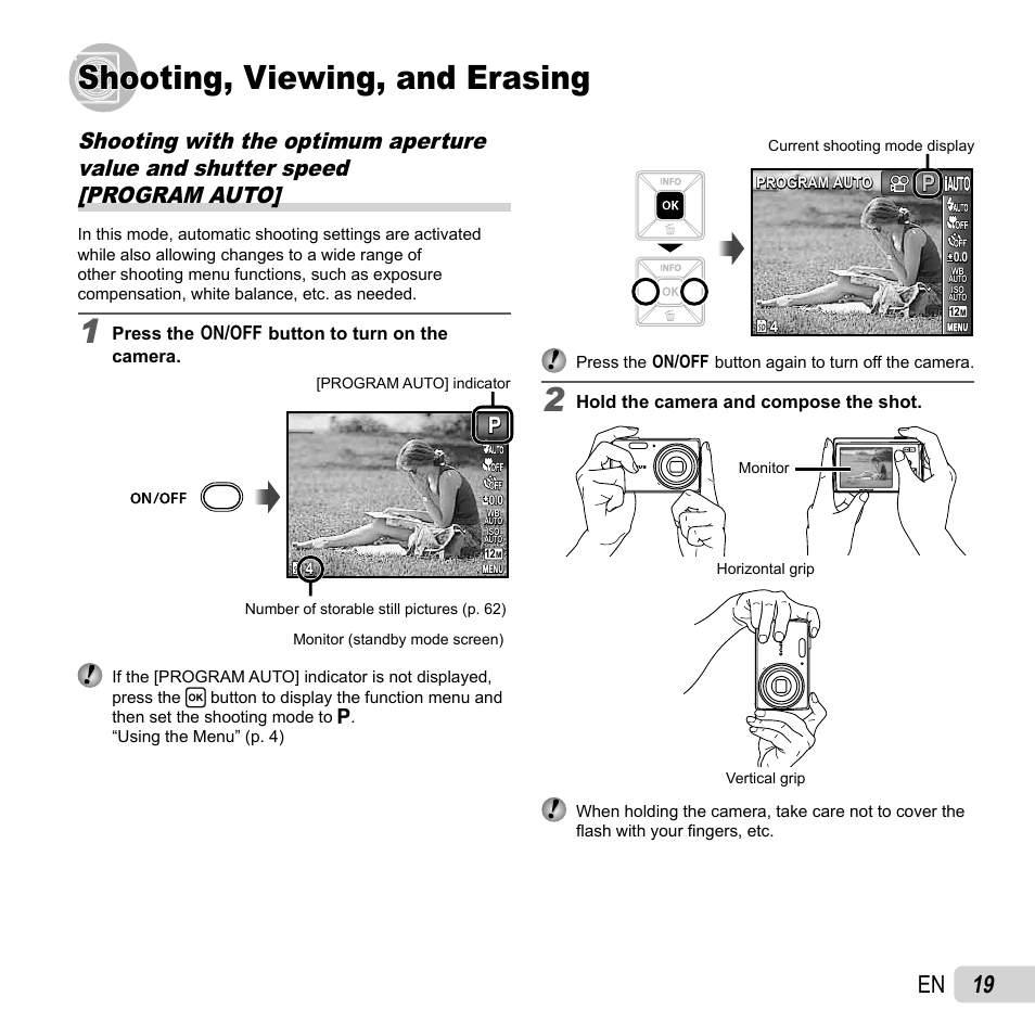 Shooting, viewing, and erasing, 19 en | Olympus FE-5040 User Manual | Page 19 / 76