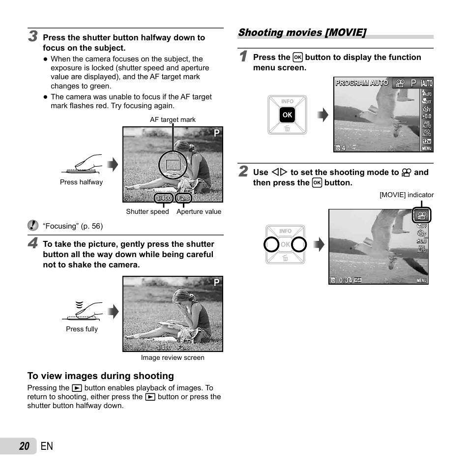 20 en, Shooting movies [movie | Olympus FE-5040 User Manual | Page 20 / 76