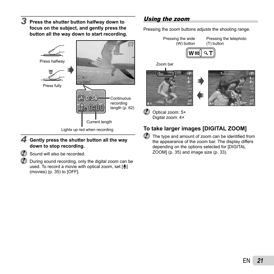 21 en, Using the zoom | Olympus FE-5040 User Manual | Page 21 / 76
