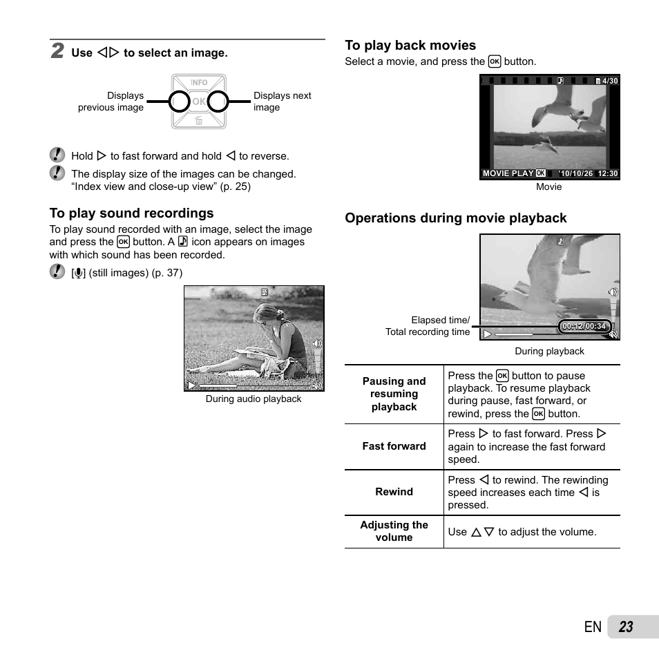23 en, Operations during movie playback | Olympus FE-5040 User Manual | Page 23 / 76