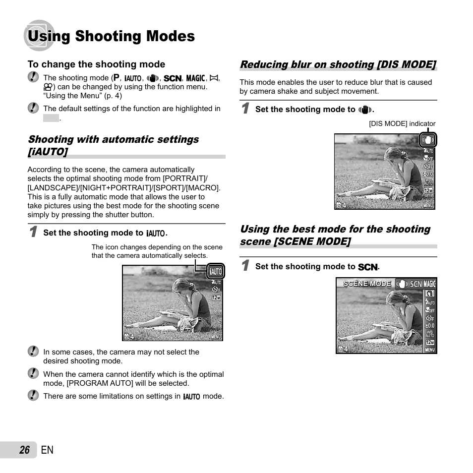 Using shooting modes, 26 en, Shooting with automatic settings [iauto | Reducing blur on shooting [dis mode | Olympus FE-5040 User Manual | Page 26 / 76