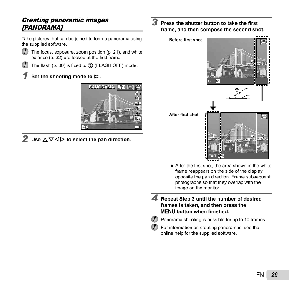 29 en, Creating panoramic images [panorama | Olympus FE-5040 User Manual | Page 29 / 76