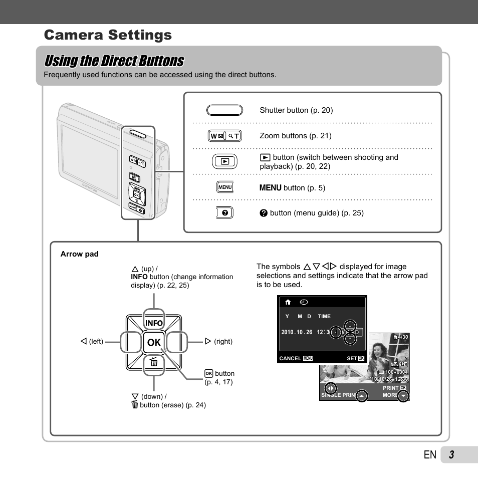 Using the direct buttons, Camera settings | Olympus FE-5040 User Manual | Page 3 / 76