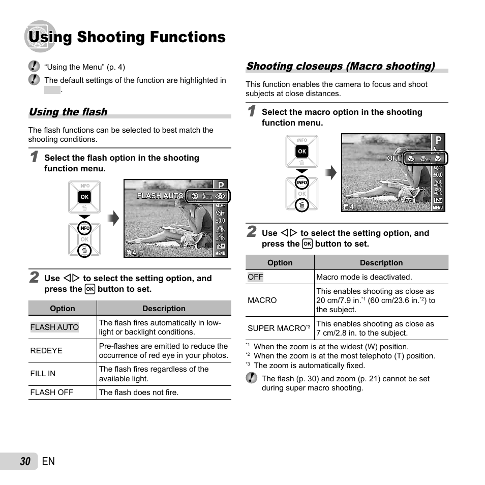 Using shooting functions, 30 en, Using the fl ash | Shooting closeups (macro shooting) | Olympus FE-5040 User Manual | Page 30 / 76