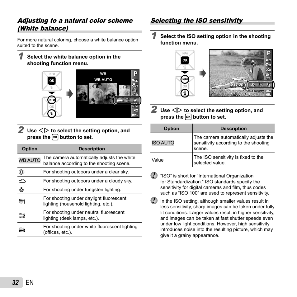 32 en, Selecting the iso sensitivity | Olympus FE-5040 User Manual | Page 32 / 76