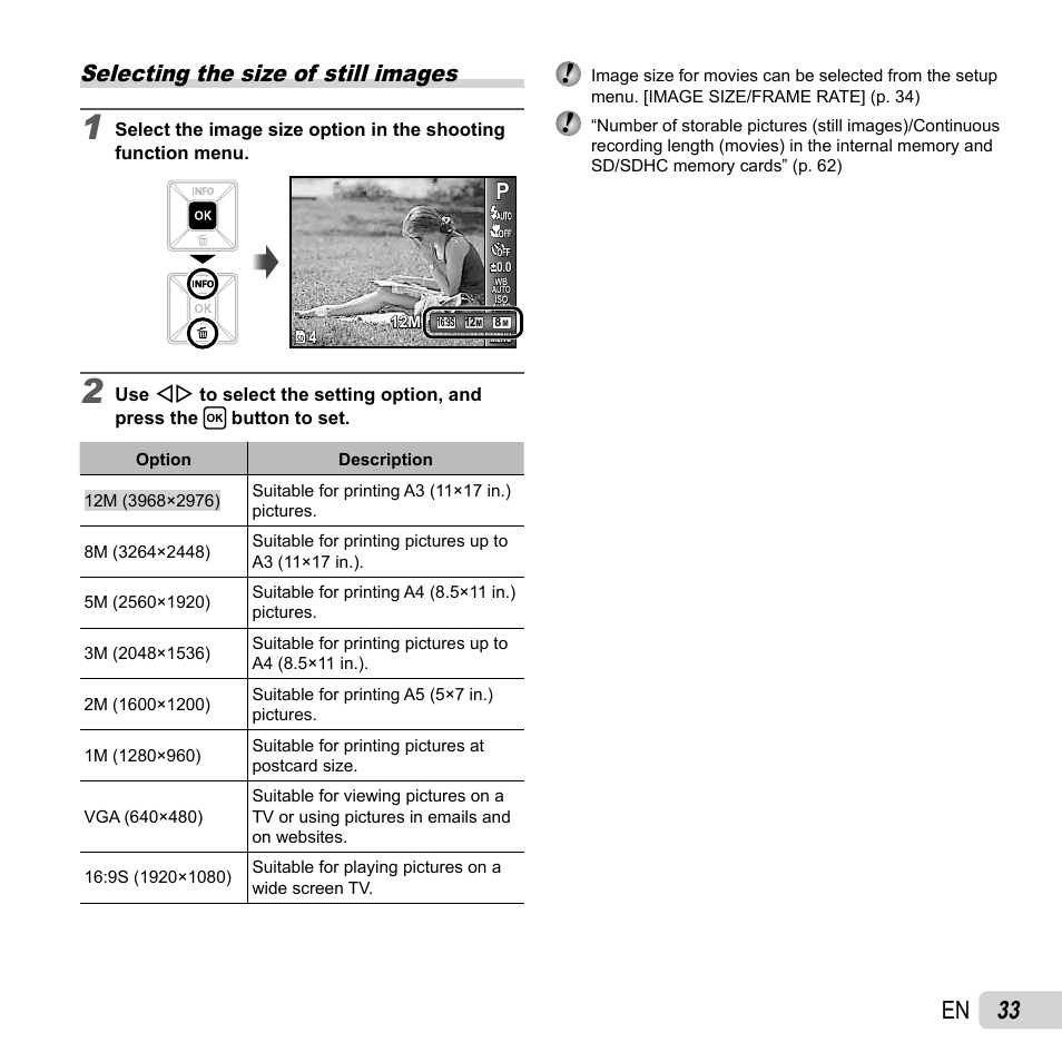 33 en, Selecting the size of still images | Olympus FE-5040 User Manual | Page 33 / 76