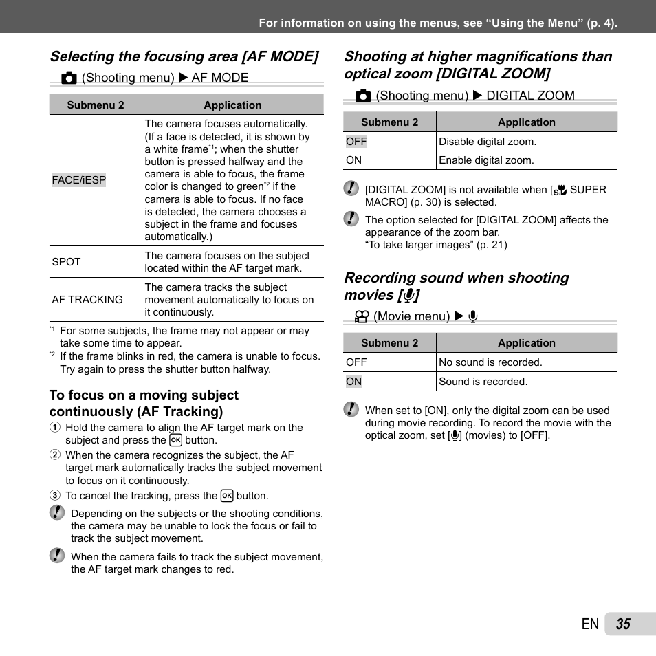 35 en, Selecting the focusing area [af mode, Selecting the focusing area [af mode] z | Olympus FE-5040 User Manual | Page 35 / 76