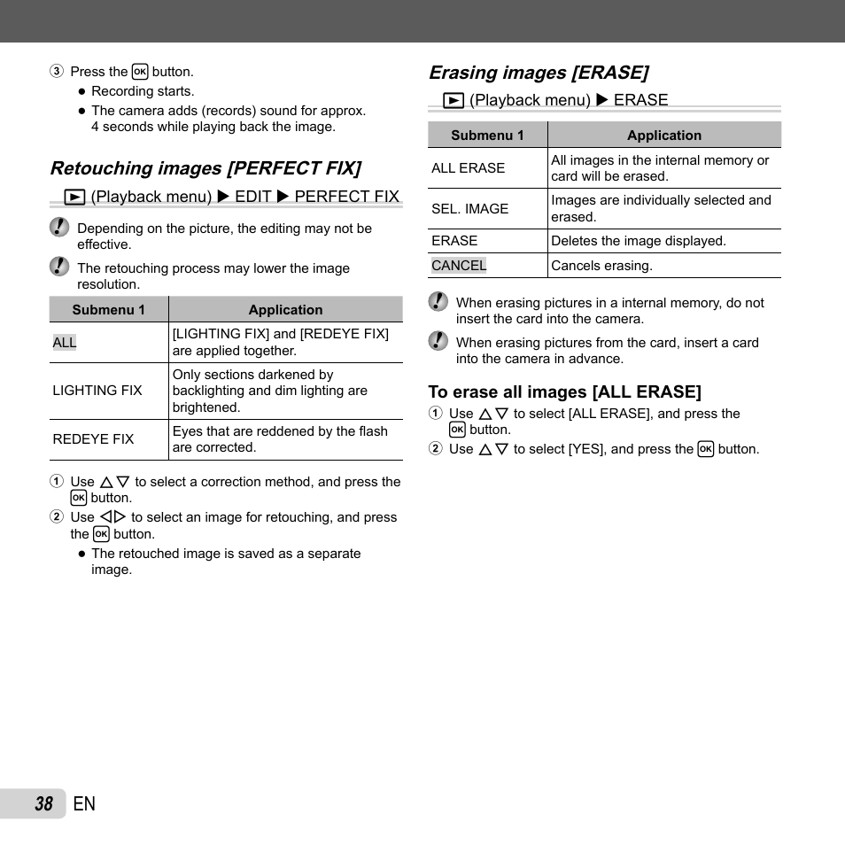 38 en, Retouching images [perfect fix, Erasing images [erase | Olympus FE-5040 User Manual | Page 38 / 76