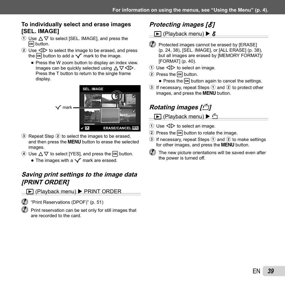 39 en, Protecting images [ protecting images, Rotating images [ rotating images [ y y | Olympus FE-5040 User Manual | Page 39 / 76