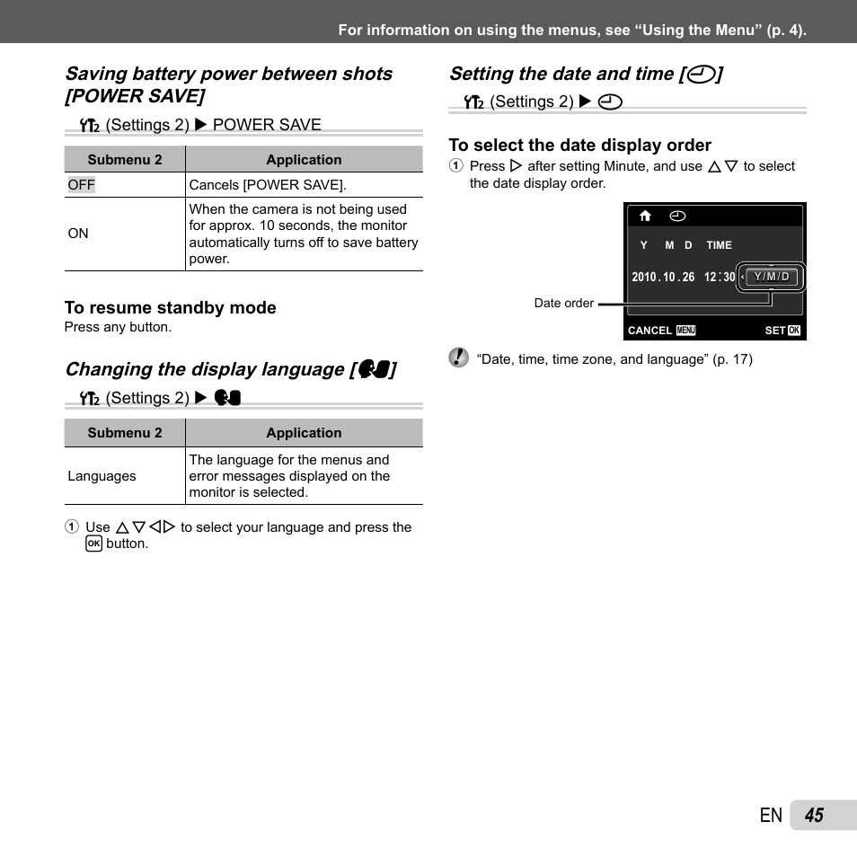 45 en, Changing the display language, Changing the display language [ w w | Setting the date and time, Setting the date and time [ x x | Olympus FE-5040 User Manual | Page 45 / 76