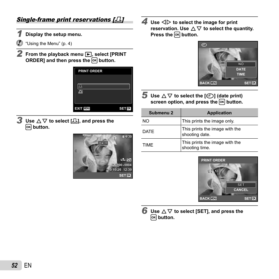 52 en, Single-frame print reservations | Olympus FE-5040 User Manual | Page 52 / 76