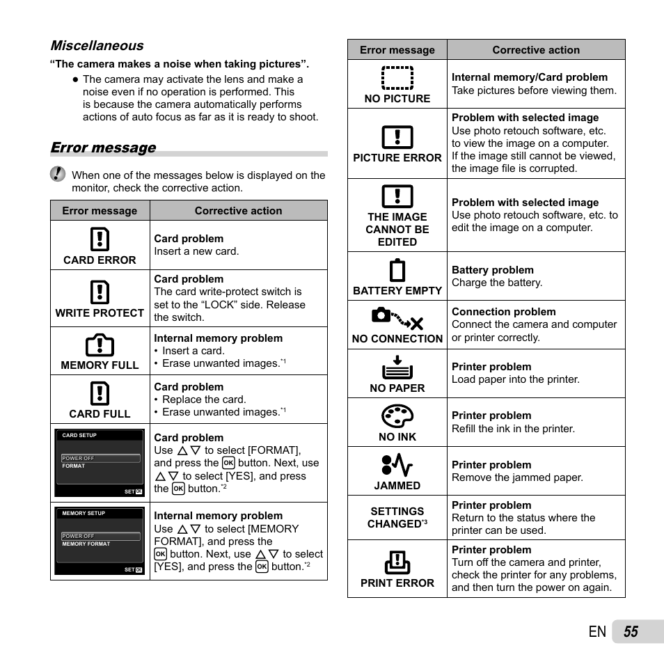 55 en, Error message, Miscellaneous | Olympus FE-5040 User Manual | Page 55 / 76
