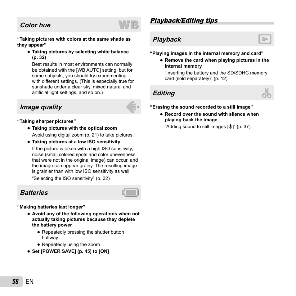 58 en, Color hue, Image quality | Batteries, Playback/editing tips playback, Editing | Olympus FE-5040 User Manual | Page 58 / 76