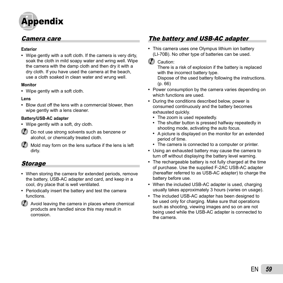 Appendix, 59 en, Camera care | Storage, The battery and usb-ac adapter | Olympus FE-5040 User Manual | Page 59 / 76