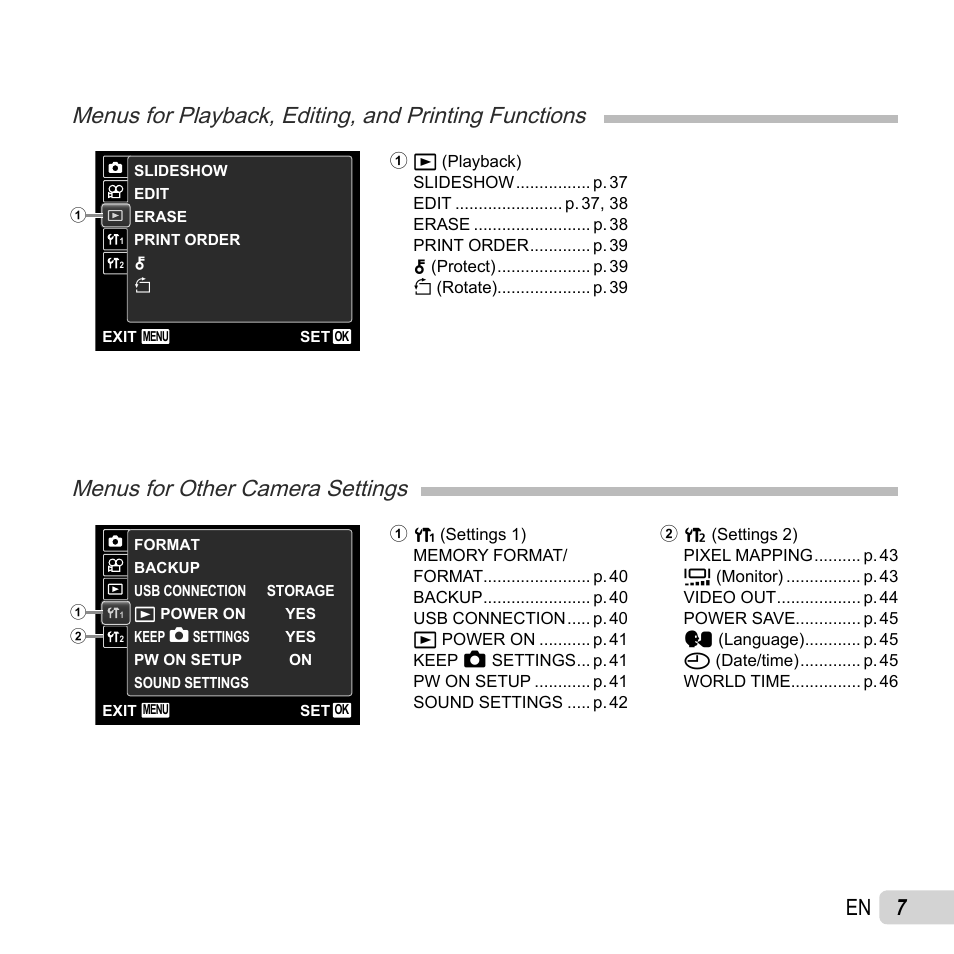 Menus for other camera settings | Olympus FE-5040 User Manual | Page 7 / 76