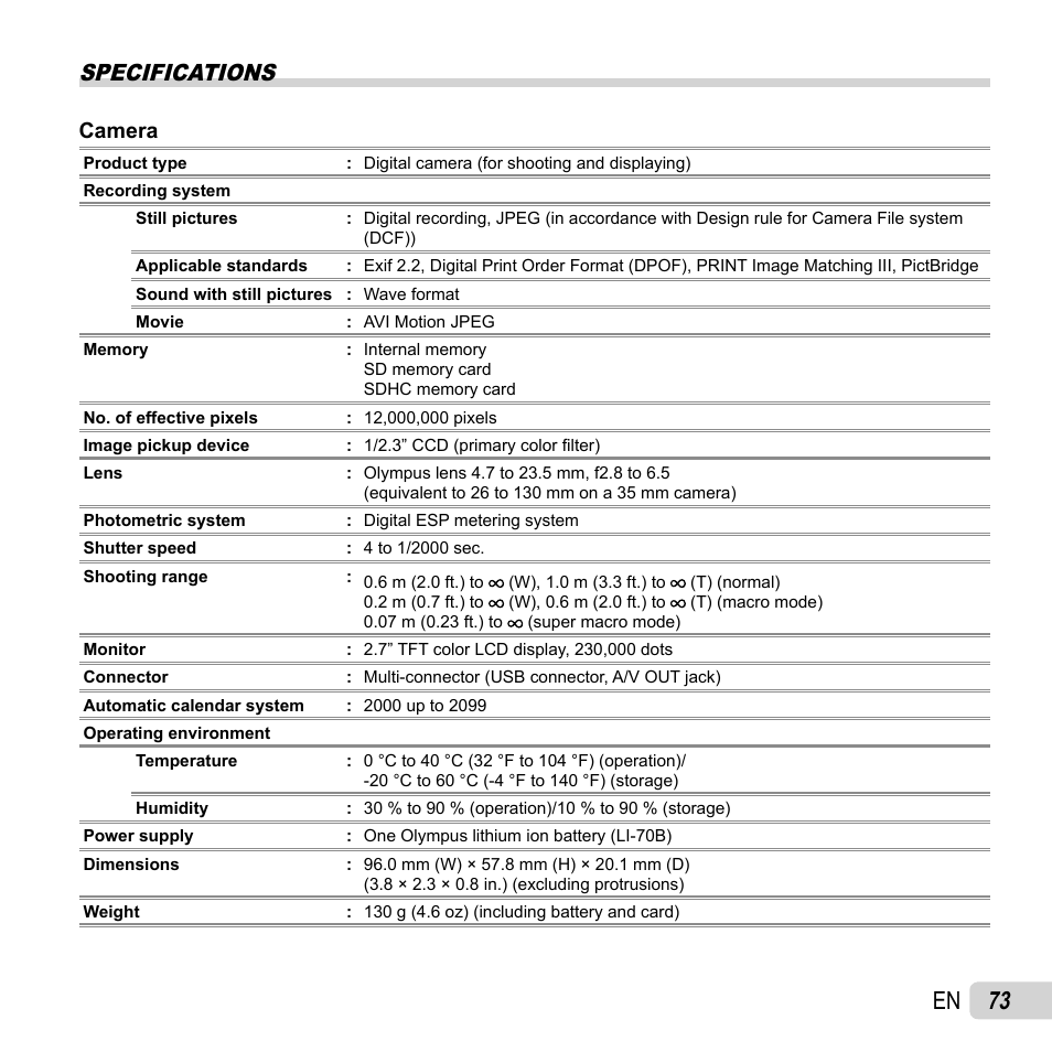 73 en, Specifications, Camera | Olympus FE-5040 User Manual | Page 73 / 76