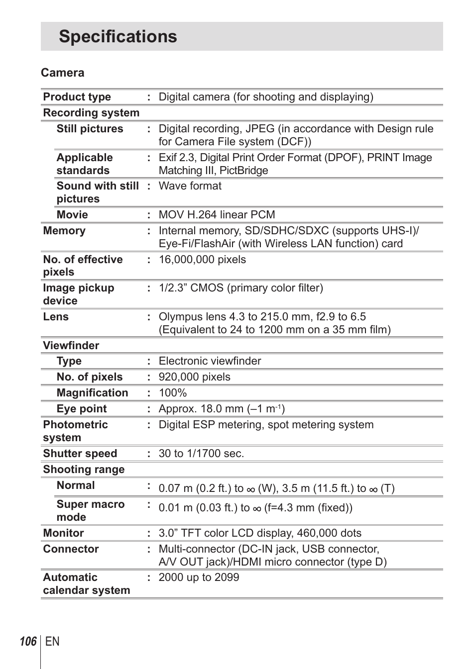 Specifications | Olympus SP100EE User Manual | Page 106 / 109