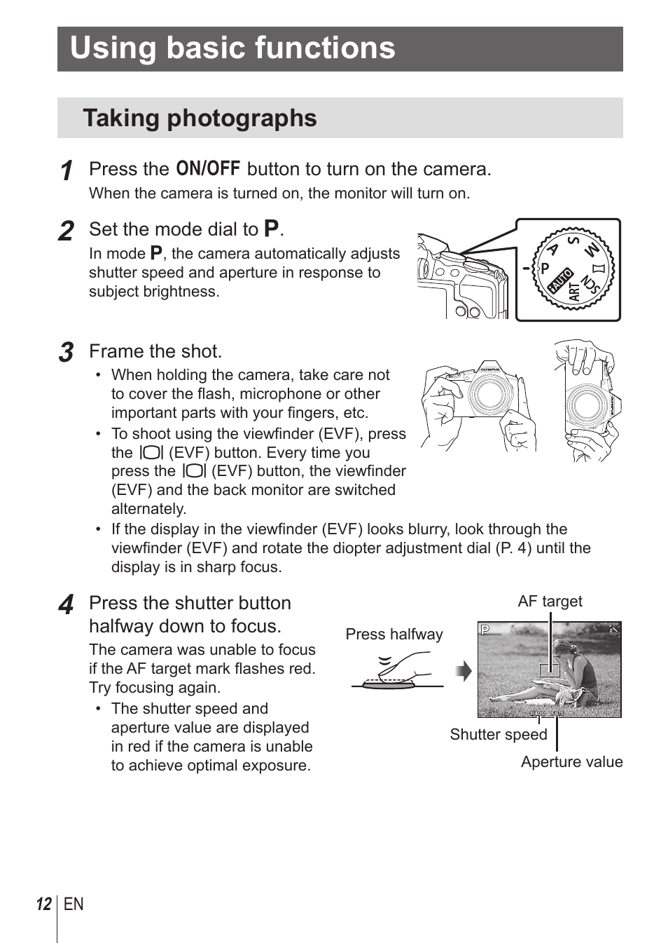 Using basic functions, Taking photographs | Olympus SP100EE User Manual | Page 12 / 109