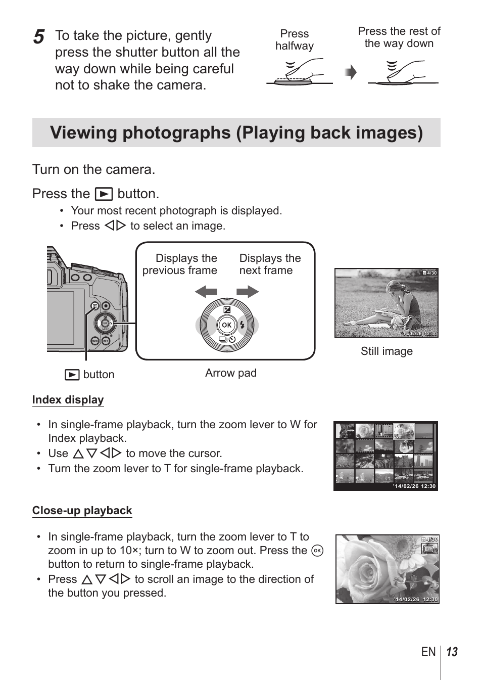 Viewing photographs (playing back images), Turn on the camera. press the q button, 13 en | Olympus SP100EE User Manual | Page 13 / 109