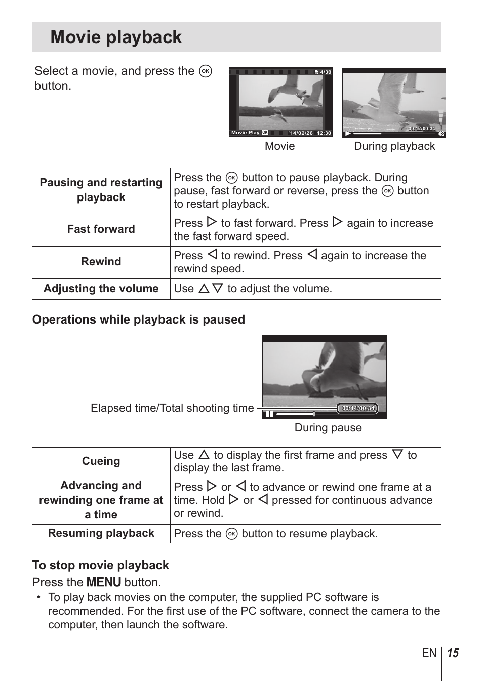 Movie playback, 15 en, Select a movie, and press the a button | Operations while playback is paused | Olympus SP100EE User Manual | Page 15 / 109