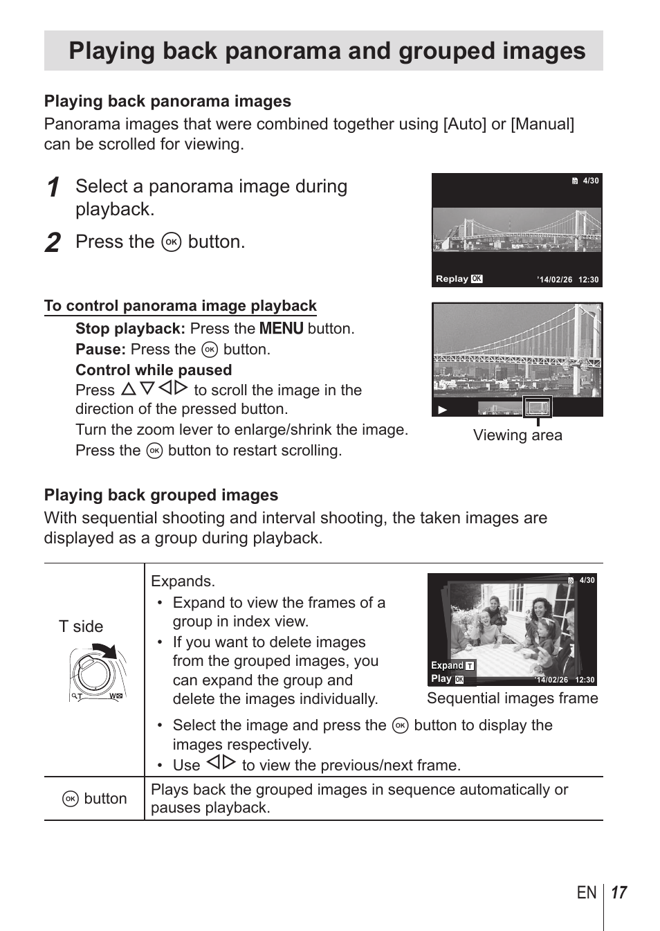 Playing back panorama and grouped images, Select a panorama image during playback, Press the a button | 17 en | Olympus SP100EE User Manual | Page 17 / 109