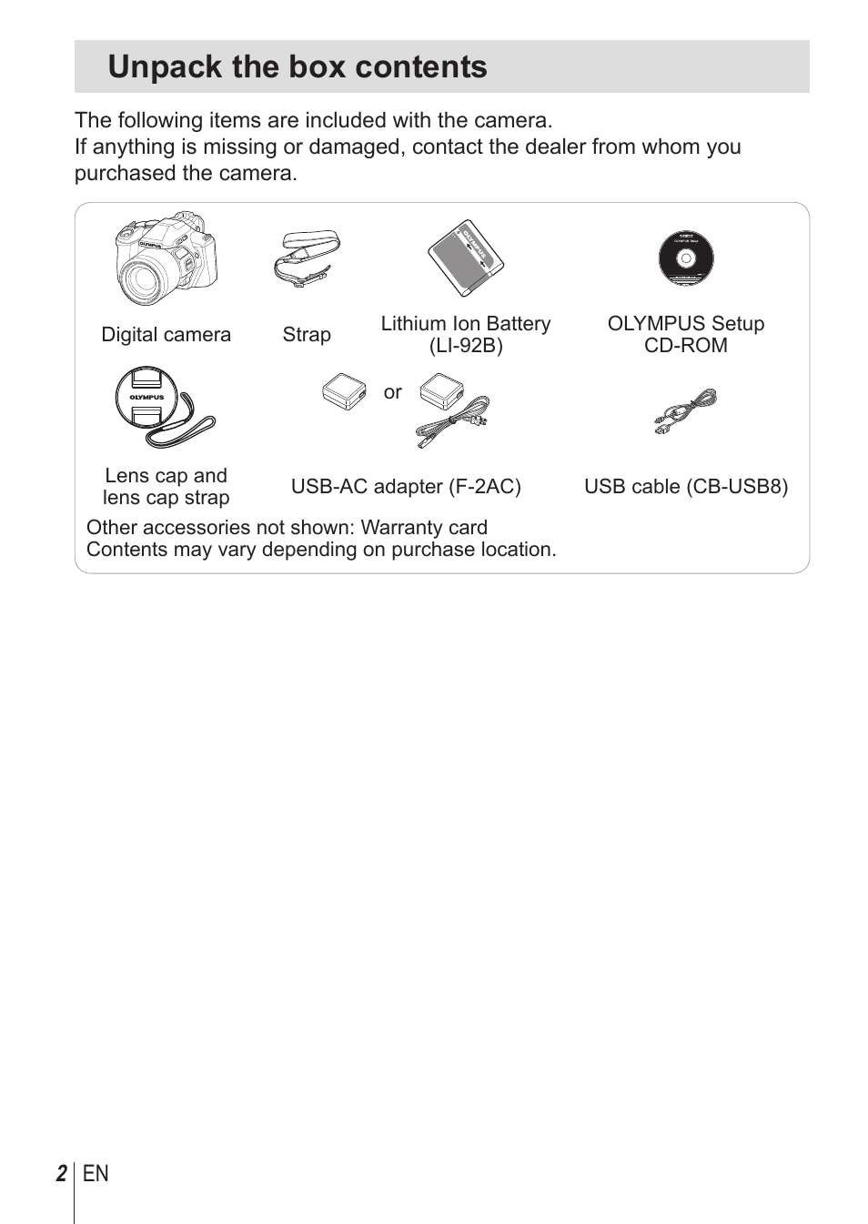 Unpack the box contents | Olympus SP100EE User Manual | Page 2 / 109