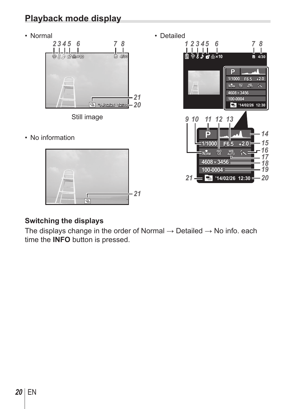 Playback mode display, 20 en, Normal | Still image • no information, Detailed | Olympus SP100EE User Manual | Page 20 / 109