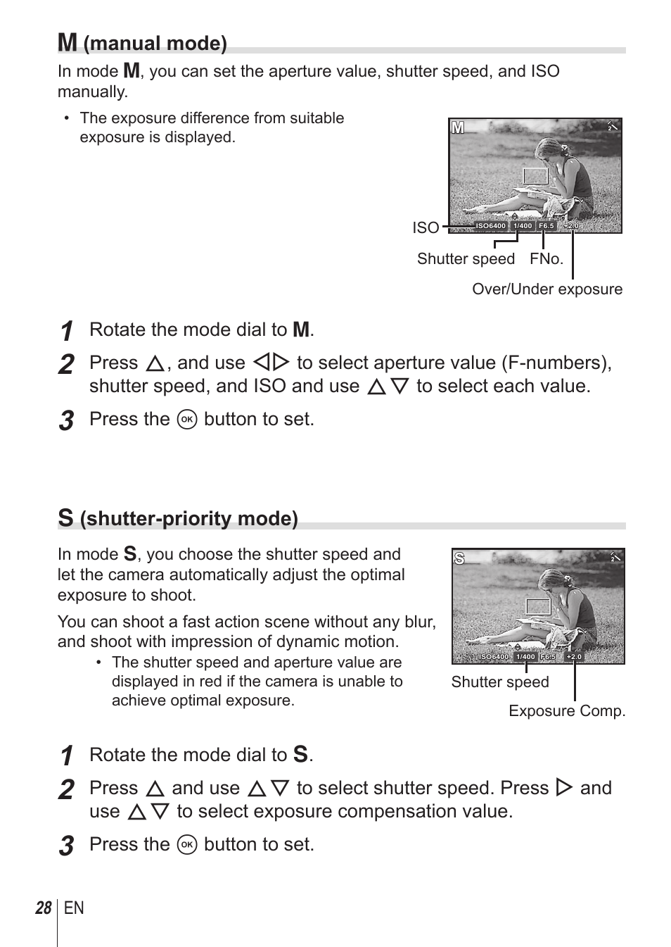 M (manual mode), S (shutter-priority mode), Rotate the mode dial to | Press the a button to set, Rotate the mode dial to s, 28 en | Olympus SP100EE User Manual | Page 28 / 109