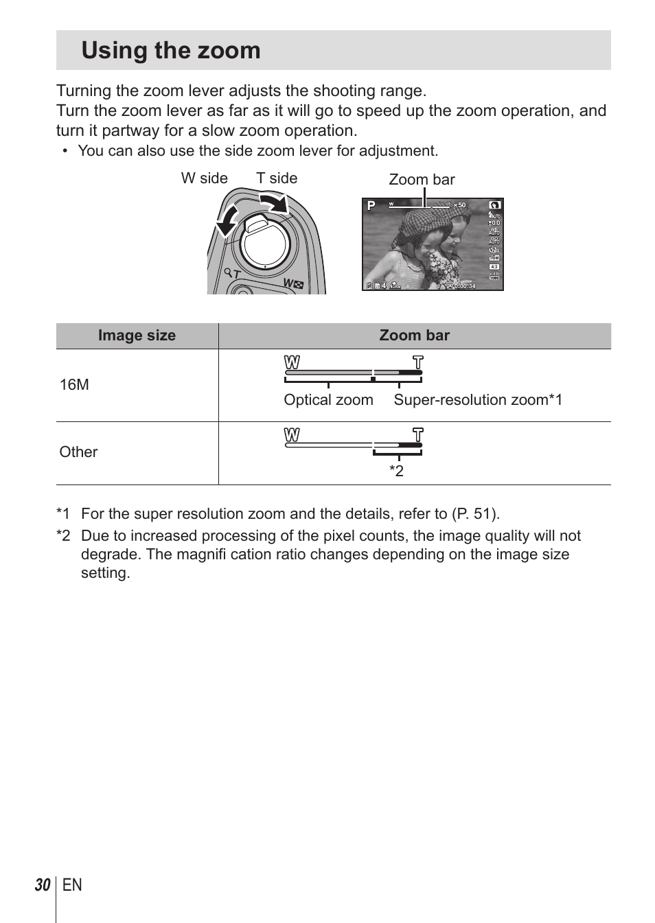 Using the zoom, 30 en | Olympus SP100EE User Manual | Page 30 / 109