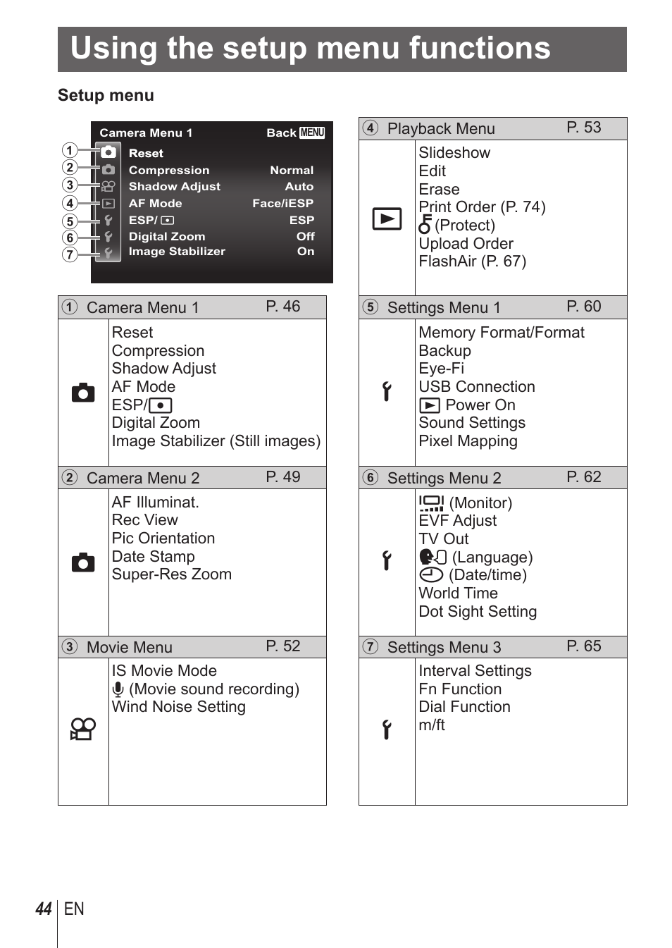 Using the setup menu functions | Olympus SP100EE User Manual | Page 44 / 109