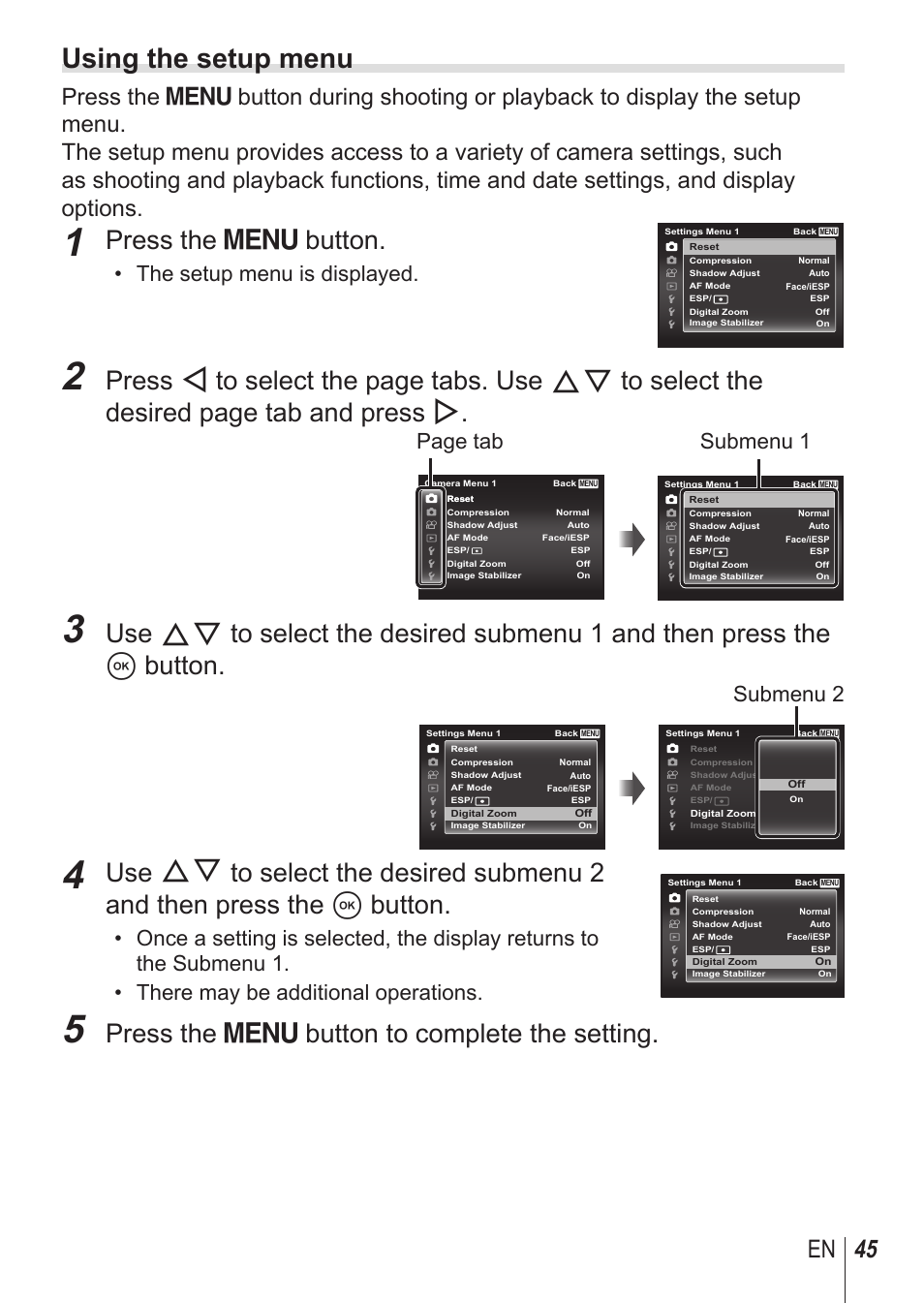 Using the setup menu, Press the  button, Press the  button to complete the setting | 45 en, The setup menu is displayed, Page tab, Submenu 1, Submenu 2 | Olympus SP100EE User Manual | Page 45 / 109