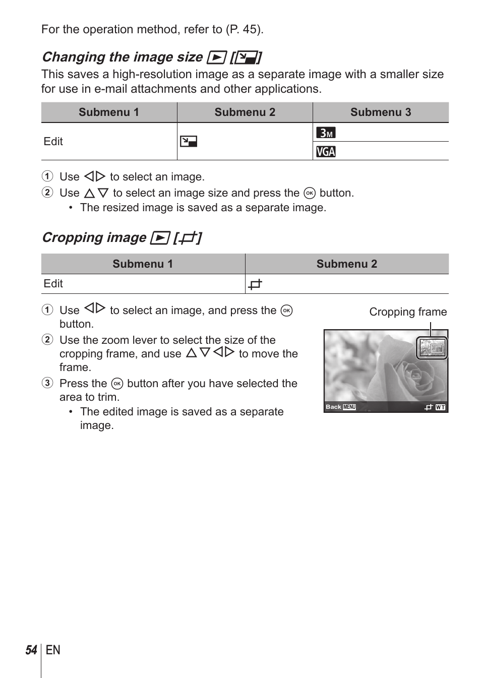 Changing the image size q [ q, Cropping image q [ p | Olympus SP100EE User Manual | Page 54 / 109