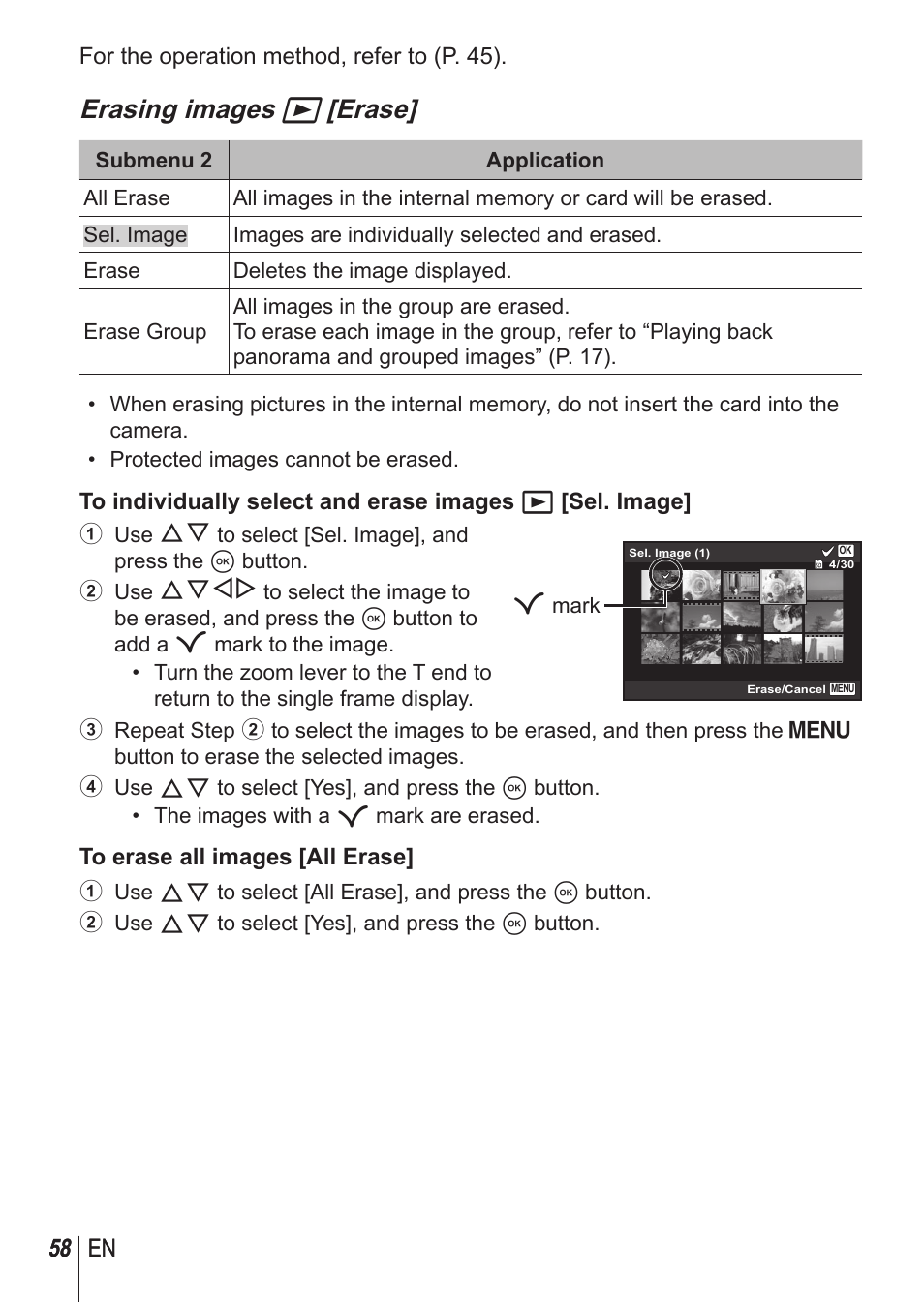 Erasing images q [erase, 58 en | Olympus SP100EE User Manual | Page 58 / 109