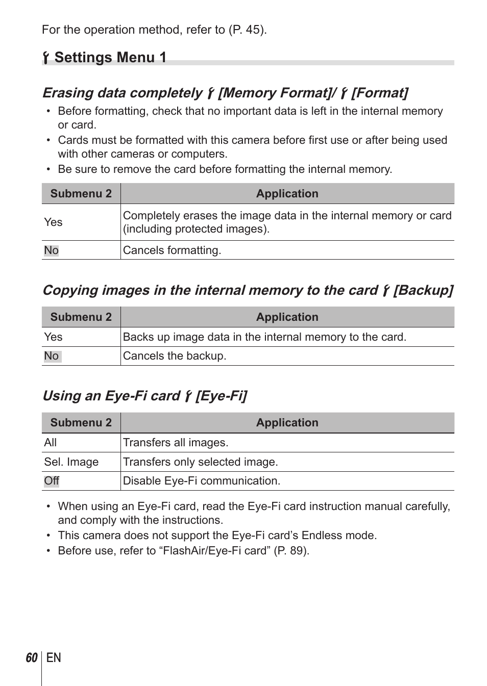 D settings menu 1, Using an eye-fi card d [eye-fi | Olympus SP100EE User Manual | Page 60 / 109