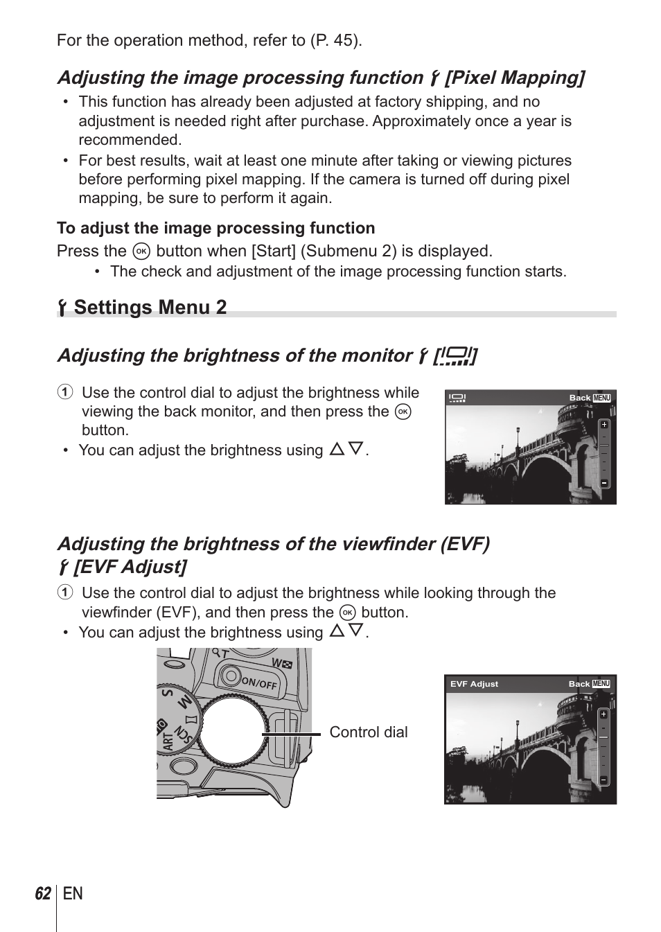 D settings menu 2, Adjusting the brightness of the monitor d [ s, 62 en | Olympus SP100EE User Manual | Page 62 / 109