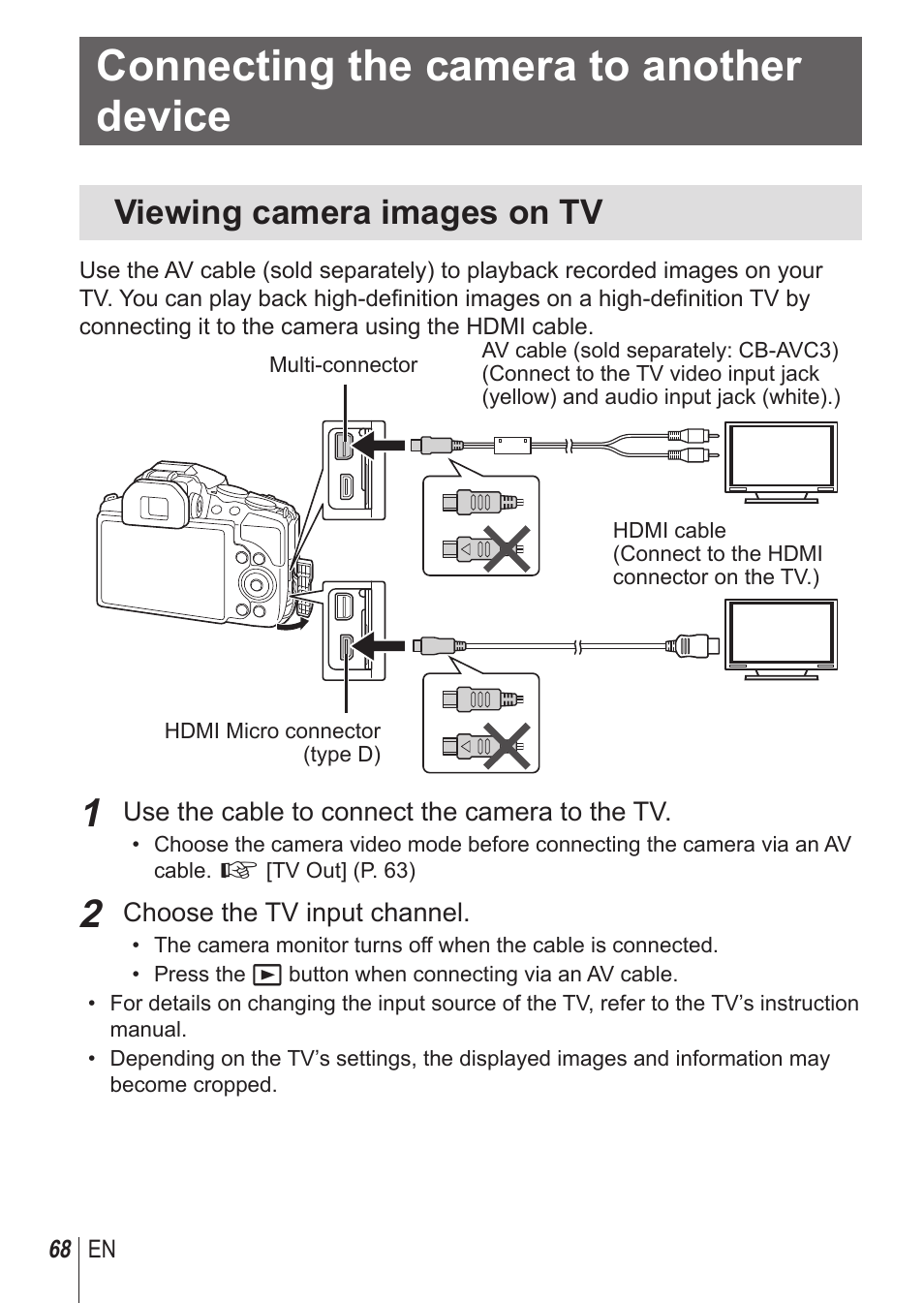 Connecting the camera to another device, Viewing camera images on tv | Olympus SP100EE User Manual | Page 68 / 109