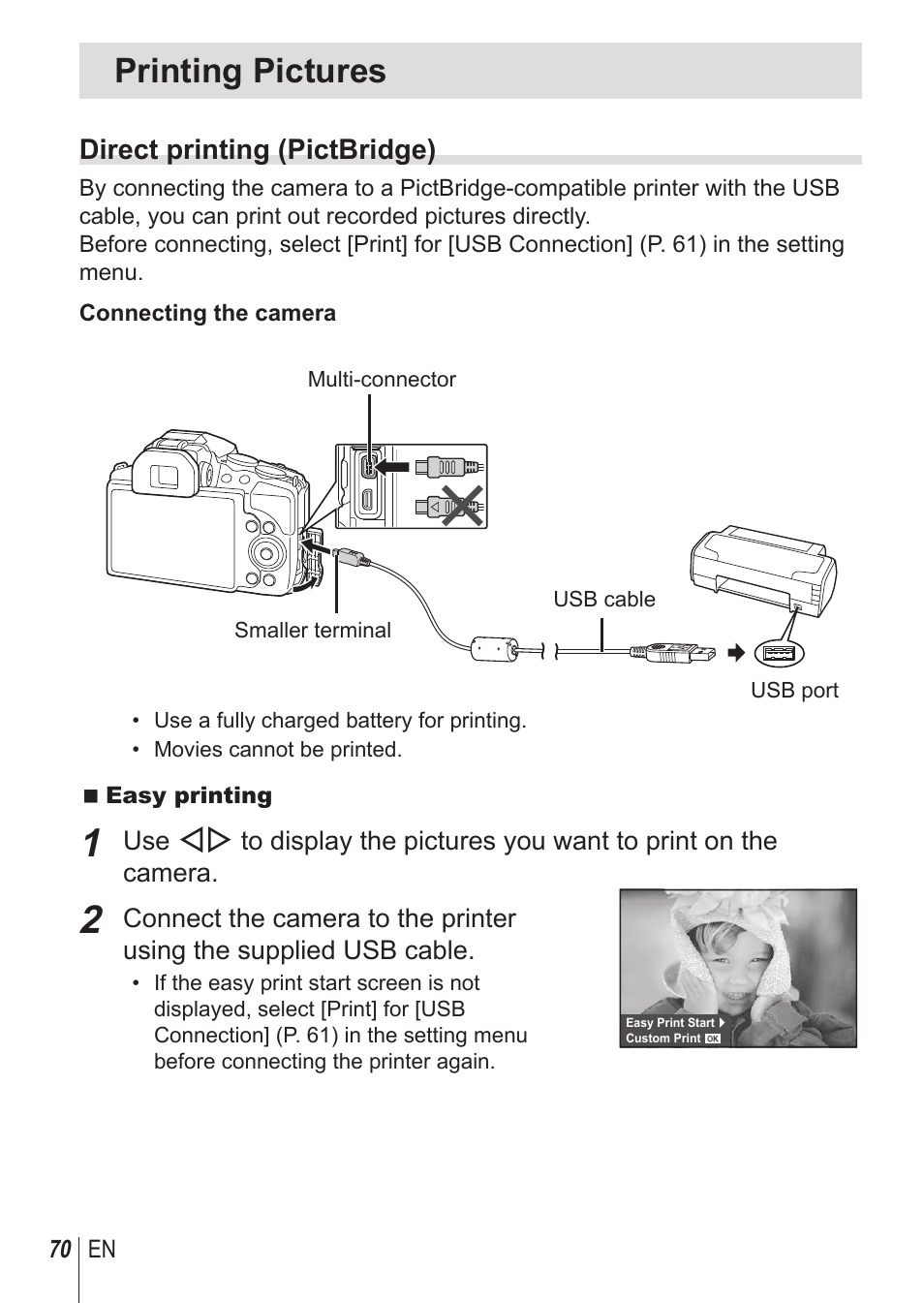 Printing pictures, Direct printing (pictbridge) | Olympus SP100EE User Manual | Page 70 / 109