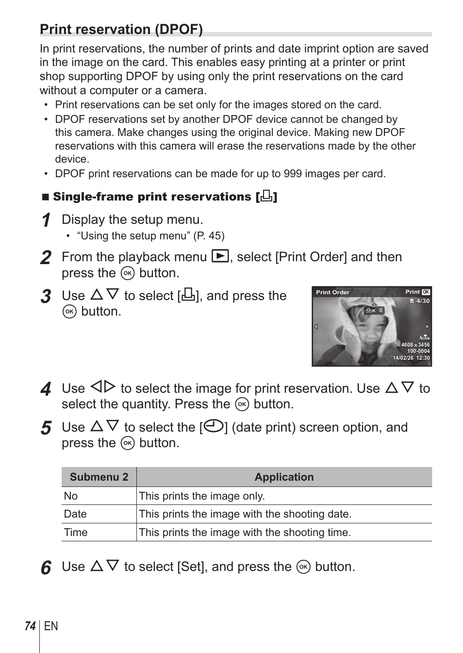 Print reservation (dpof), Display the setup menu, Use fg to select [<], and press the a button | Use fg to select [set], and press the a button, 74 en | Olympus SP100EE User Manual | Page 74 / 109