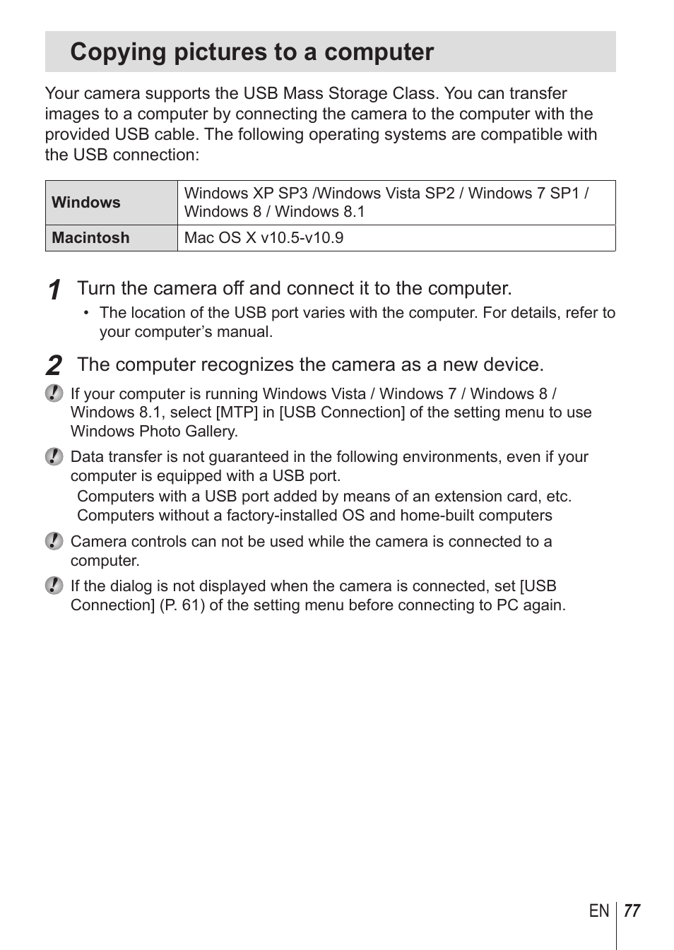 Copying pictures to a computer | Olympus SP100EE User Manual | Page 77 / 109