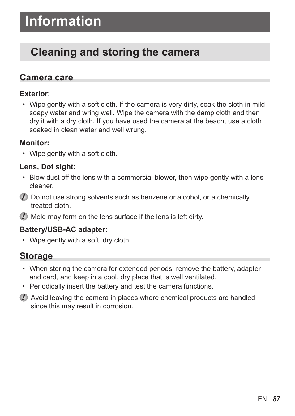 Information, Cleaning and storing the camera, Camera care | Storage | Olympus SP100EE User Manual | Page 87 / 109