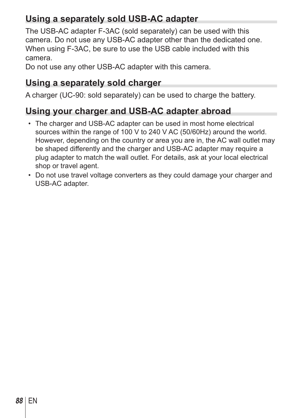 Using a separately sold usb-ac adapter, Using a separately sold charger, Using your charger and usb-ac adapter abroad | Olympus SP100EE User Manual | Page 88 / 109